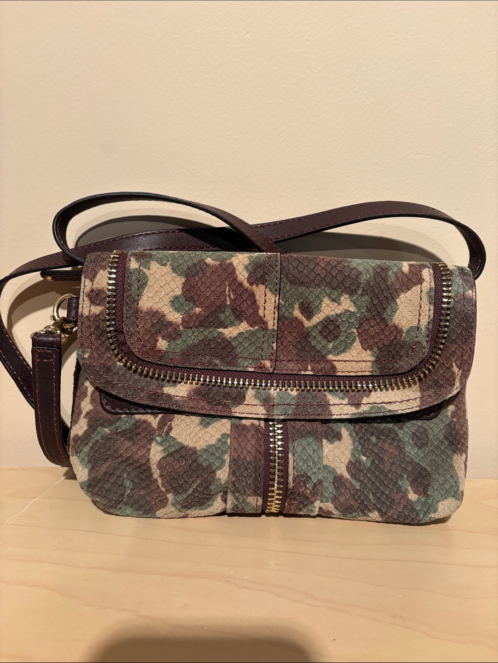 b. makowsky Green and Brown Patterned Crossbody with Zip Accent
